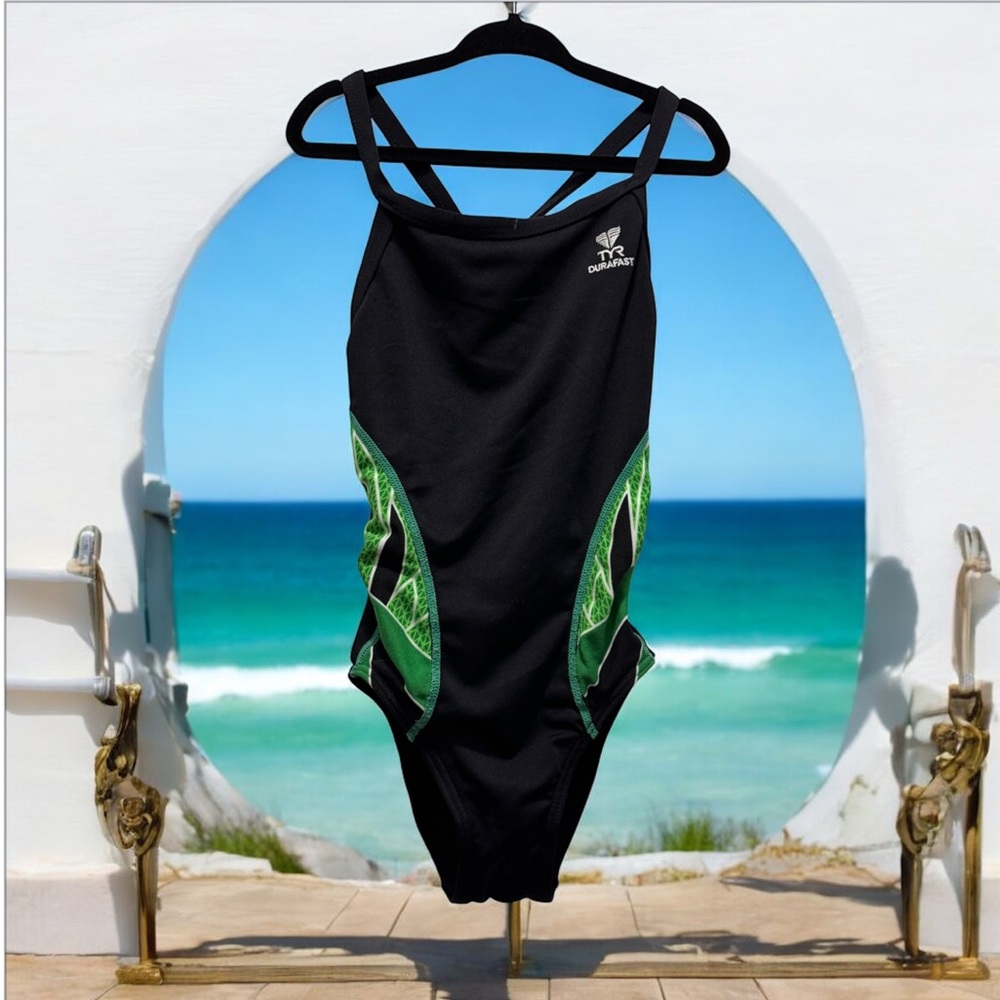 TYR Black Swimsuit with green Highlights size 24